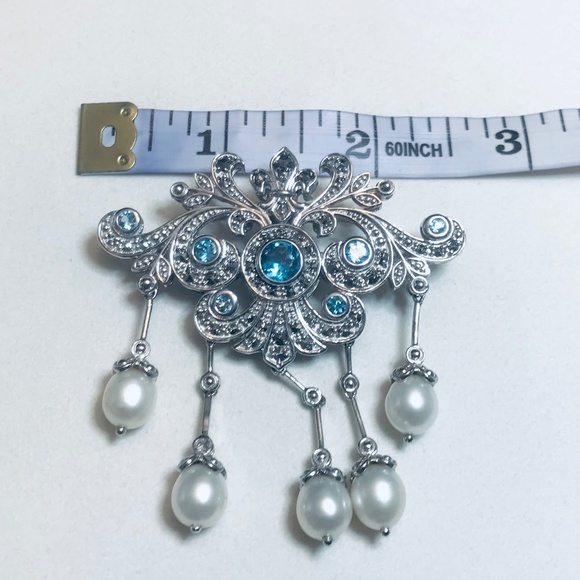 Dallas Prince Blue Topaz Pearl and Chrome Marcasite Brooch / Pendant - Picture 8 of 11